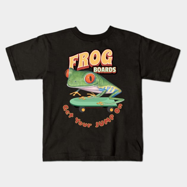 Cute and funny red eyed tree frog riding a skateboard for he wants to get his jump on tee Kids T-Shirt by Danny Gordon Art